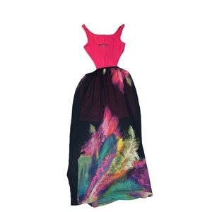 BEBE Women’s Hourglass opened back Peacock feather Sexy Sheer Dress